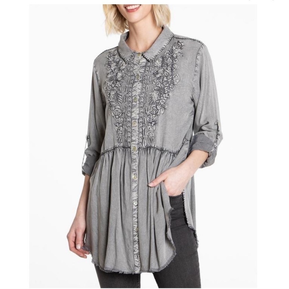 John Mark Tunic Top Vintage Embroidered Taos Silver Frost Button Up MEDIUM